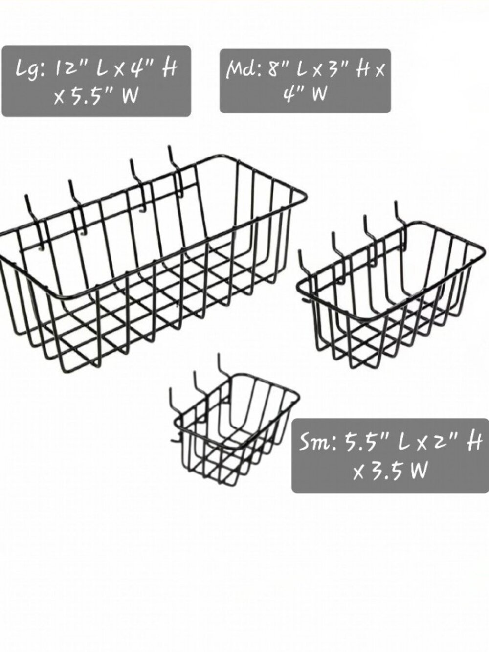 Set of 3 -Black Metal Pegboard Baskets - 3 Sizes - Organization - Rectangle